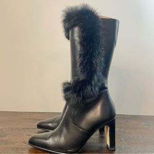 VTG Proxy Black Leather Fur Accent Point Toe Mid Calf Boots Size 6.5